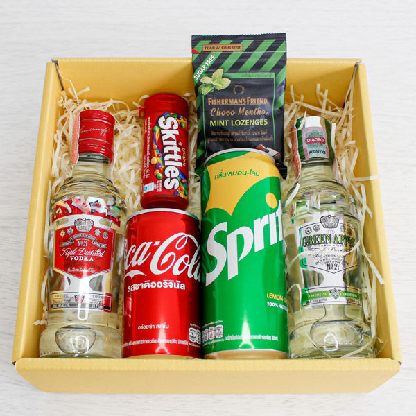 	A gift box containing vodka, apple vodka, coca cola, sprite and a bag of top quality jelly beans
